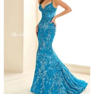 Ellie Wilde Turquoise Floral Lace Prom Dress
